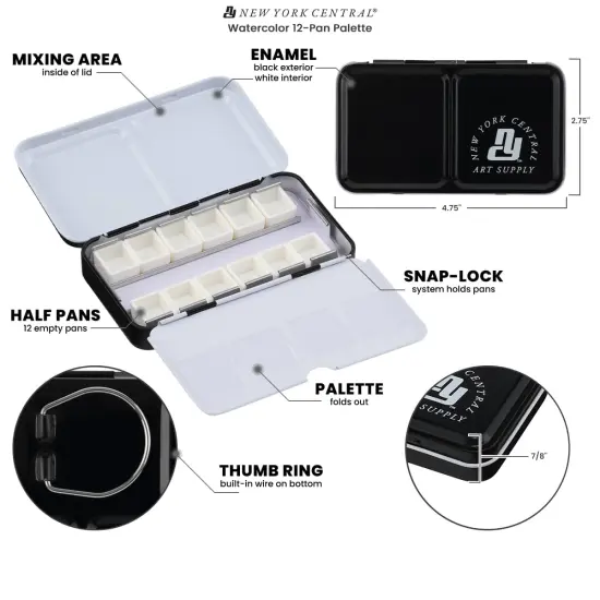 New York Central Watercolor Palette - 12 Empty Half Pans Boxes and Palette with 10 Watercolor Swatch Cards {6}