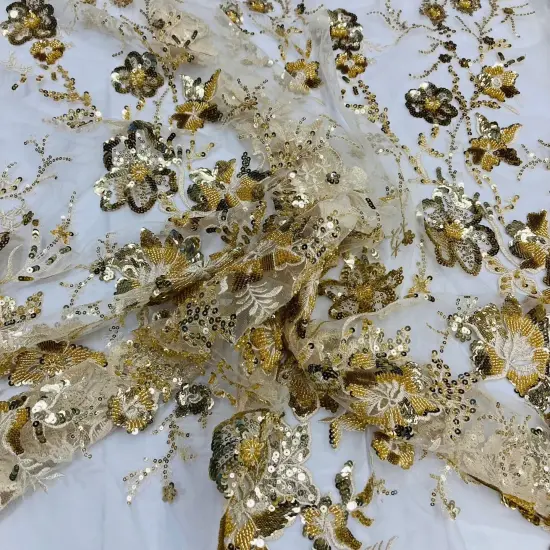 1 Yard Ivory Gold Beaded & Sequined Embroidered Lace Fabric on Polyester Mesh 48" Width Ivory with Gold {3}