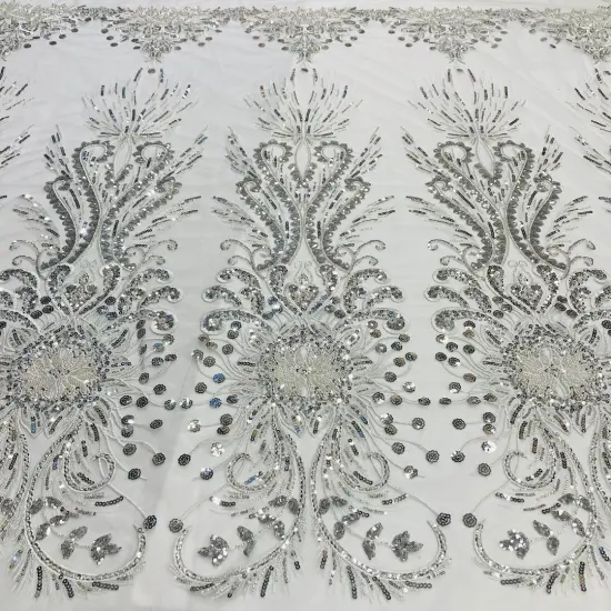 1 Yard Beaded Lace Fabric on 100% Polyester Net Mesh, Embroidered Lace Materia, 52" Wide Silver {1}