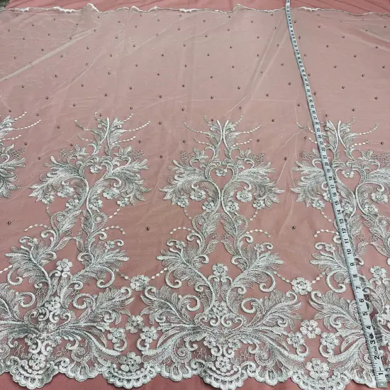 1 Yard Exquisite Beaded and Corded Bridal Lace Fabric Embroidered on 100% Polyester Net Mesh 54" Width Gold {6}
