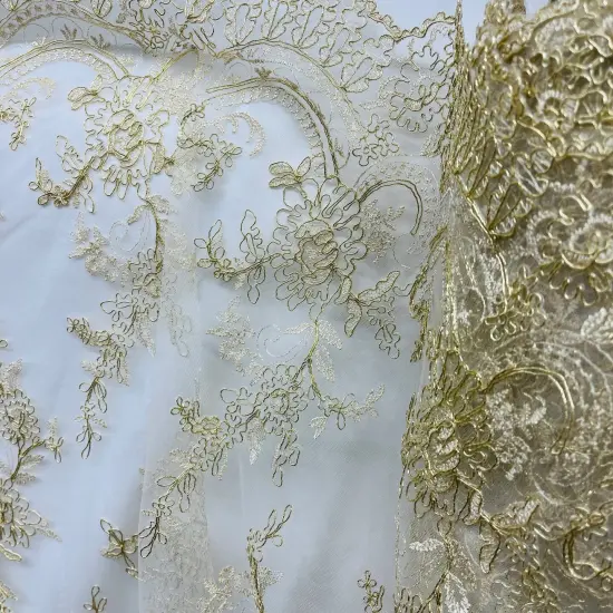 1 Yard Elegant Corded Bridal Lace Fabric Embroidered on 100% Polyester Net Mesh 51 inch Width Gold {1}