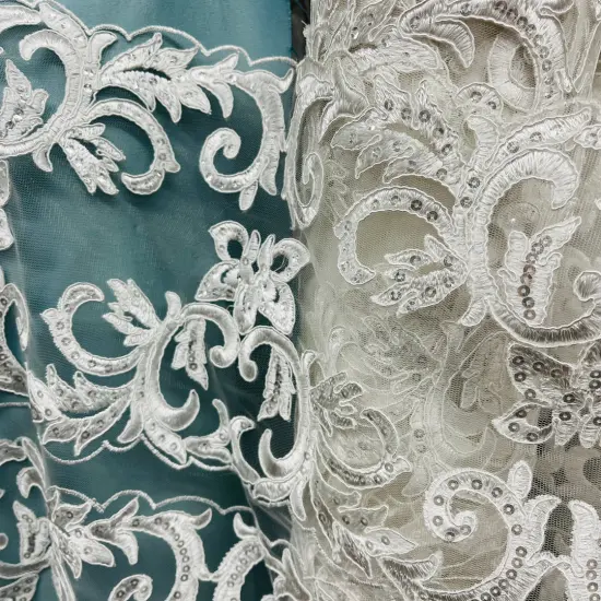 1 Yard Beaded & Corded Lace Fabric on 100% Polyester Net Mesh, White, 51" Wide, Embroidered Lace Fabric {6}