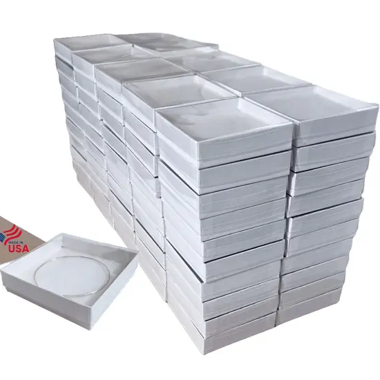 100 Boxes - Made in USA - Clear Top Jewelry Boxes with White Swirl Embossed Base Gift Case Cotton-Filled - 3-1/2" x 3-1/2" x 7/8" White Swirl Embossed - Gift Giving Keepsake Box & Jewelry Storage {1}