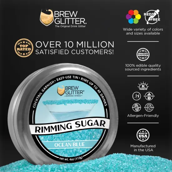 Brew Glitter - Ocean Blue Rimming Sugar (4oz, 1x Bar Tin) Cocktail Garnish for Mixed Drinks & Refreshments {2}