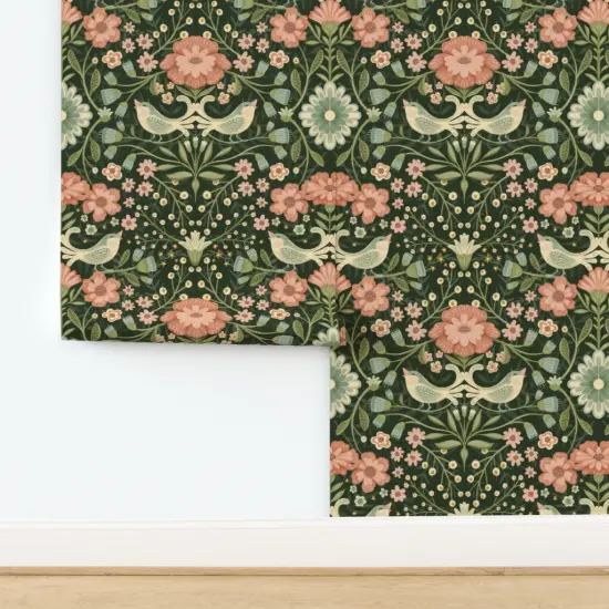 Pre-Pasted Wallpaper 2FT Wide Dark Bohemian Green Pink Flowers Traditional Arts And Crafts Bird Cottagecore Custom Pre-pasted Wallpaper by Spoonflower {2}