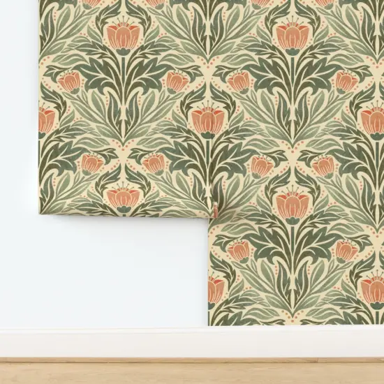 Peel & Stick Wallpaper 2FT Wide Block Print Floral Orange Tulip Damask Rustic Farmhouse Flowers Green Leaves Custom Removable Wallpaper by Spoonflower {2}