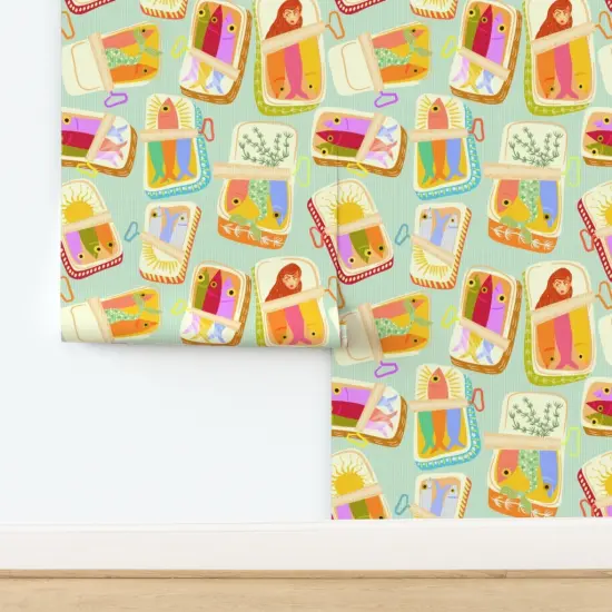 Peel & Stick Wallpaper 2FT Wide Whimsical Mermaid Tail Fish Tinned Novelty Colorful Quirky Mermaids Under The Sea Ocean Sardines Pink Green Red Orange Sun Yellow Sunshine Custom Removable Wallpaper by Spoonflower {2}