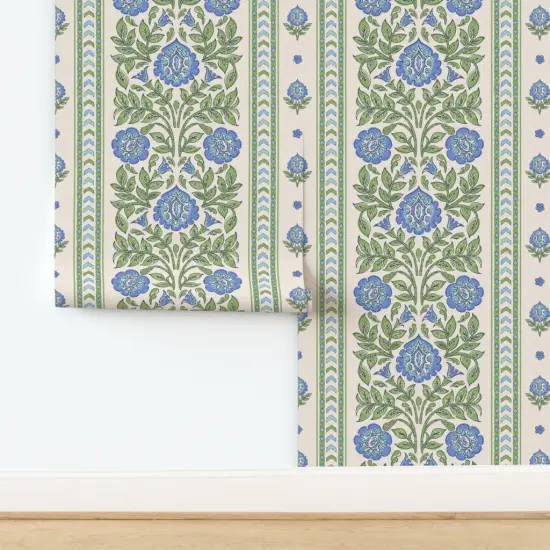 Peel & Stick Wallpaper 2FT Wide Indian Floral Blue Flowers Green Botanical Traditional Large Scale Stamped Stripes Custom Removable Wallpaper by Spoonflower {2}
