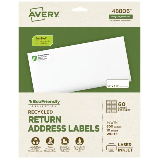 Avery EcoFriendly Recycled Address Labels, 2/3" x 1-3/4", Matte White, Permanent Adhesive, Laser & Inkjet Printers, 600 Printable Labels (48806) {1}