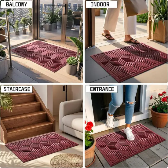 Door Mat Outside Entrance, 29.5x17 Inch, All-Season Indoor Outdoor Welcome Mat, Heavy Duty Natural Rubber, Non-Slip, Resist Dirt, Stain and Fade Resistant, Low Profile, Easy Clean Patio, Red {4}