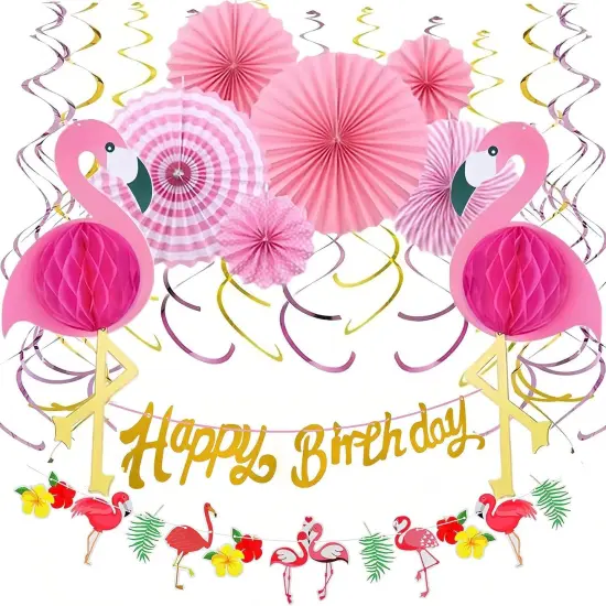 Flamingo Party Honeycomb Decoration, Hanging Pink Paper Fans, Birthday Banners, Swirl Decorations {1}