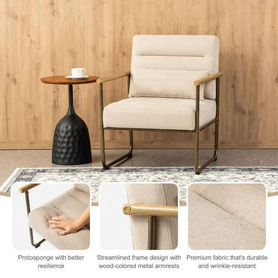33.25"H Mid-Century Modern Beige Fabric Accent Arm Chair with Metal Frame {9}