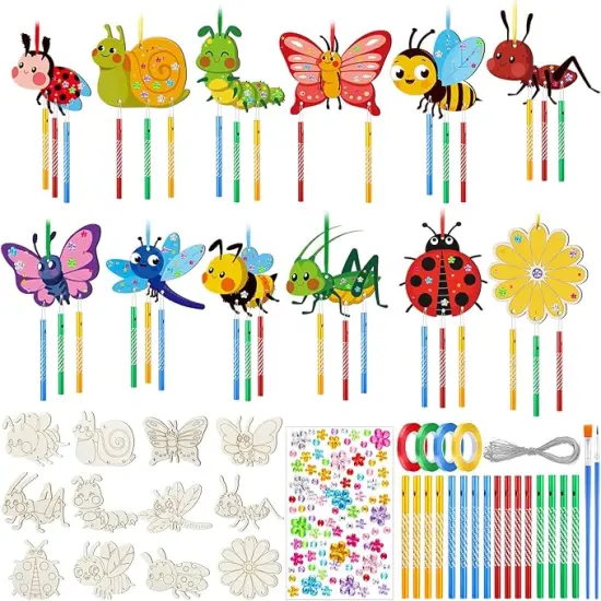 24 Sets Spring Craft Set Butterfly Bee Flower Wind Chime Kit Make Your Own Spring Gifts DIY Coloring Wooden Decoration for Spring Themed Party Supplies {1}