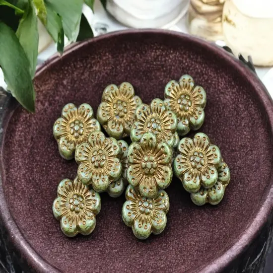 *12* 14mm Dark Bronze Washed Opaque Sage Green Picasso Wildflower Beads {1}
