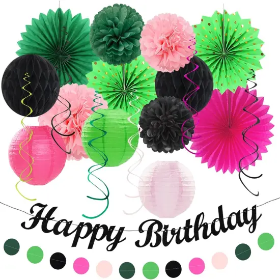 Green Hot-Pink Black Summer-Hawaiian Birthday Decorations - 21pcs Girls Woman Happy Party Banner Garland,Tropical Beach Pool Paper Streamers Lanterns,Flower Tissue Pom Poms Fan Supplies Decor Huglony {2}