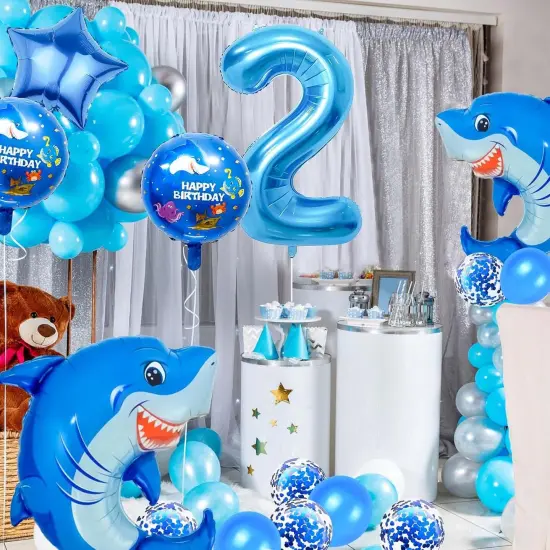 40 Inch 2 Balloon Number, Cute Blue Shark Balloons, Giant Foil 2 Birthday Balloon (shark-2) {2}
