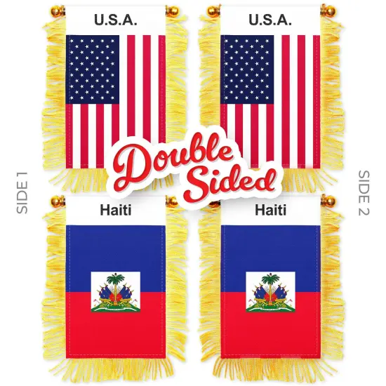 G128 Combo Pack: American USA & Haiti Haitian Fringy Flag Double Sided 3x5 In | Both Fringy Hanging Flag with Suction Cup {2}