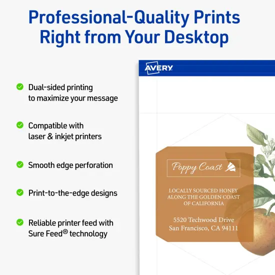 Avery Printable Hexagon Flat Cards, Sure Feed Technology, 3-1/2" x 4", Matte White Cardstock, Print-to-The-Edge, Laser/Inkjet Printable, 40 Total {8}