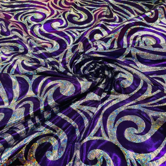 1 Yard Foil Flame Spandex Fabric Holographic Lame Print Stretch Polyester Blend 58-60 inches width Purple Silver Holo {1}