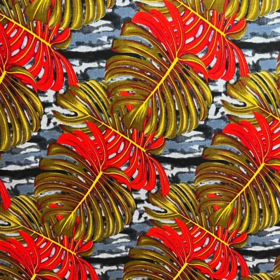 1 Yard All Over Monstera Leaf Rayon Poplin Fabric 36" x 45", Length x Width Grey/ Olive/ {1}