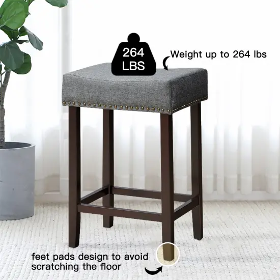 Costway Set of 2 Nailhead Saddle Bar Stools 24'' Height w/ Fabric Seat & Wood Legs BeigeGray {5}