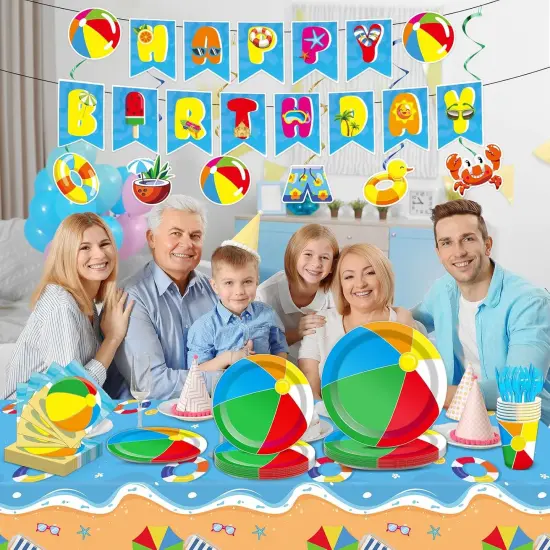 184pcs Summer Beach Ball Party Supplies Set Includes Plates Napkins Cups Tablecloth Swirls Banner Tableware Kit Dispose Summer Pool Birthday Decorations {4}