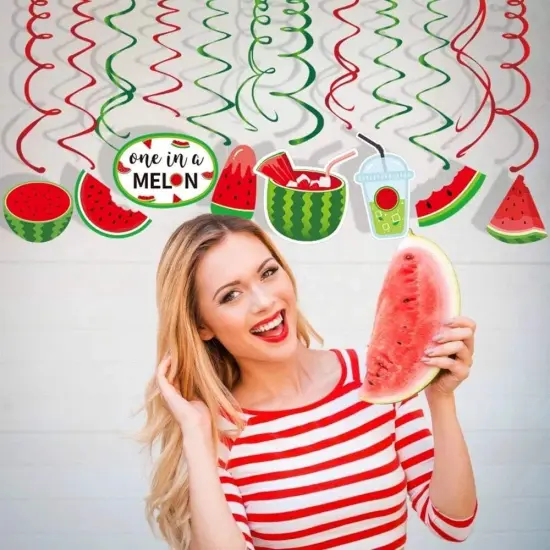 30Ct One In A Melon Watermelon Hanging Swirl Party Decorations - Summer Fruits Birthday Party Supplies Fan Decors {2}