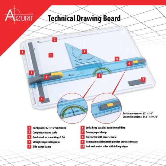 Acurit Technical Drawing Board - Portable Drafting Table with Multi-Tool Kit, Break-Resistant Plastic, Straight-Edge Lock Mechanism, Transparent Ruler, Protractor, Clamping Rail - 14.5"x19.75" {3}