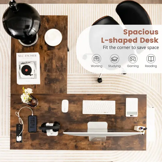 L Shaped Corner Computer Desk with Storage Shelves and Heavy Duty Metal Frame Brown {4}