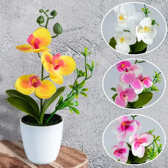 4Pcs Artificial Summer Potted Plants, Orchid Flowers Mini Potted Orchid Flowers Fake Orchids with Plastic Vase for Home Office Wedding Table Centerpiece {3}