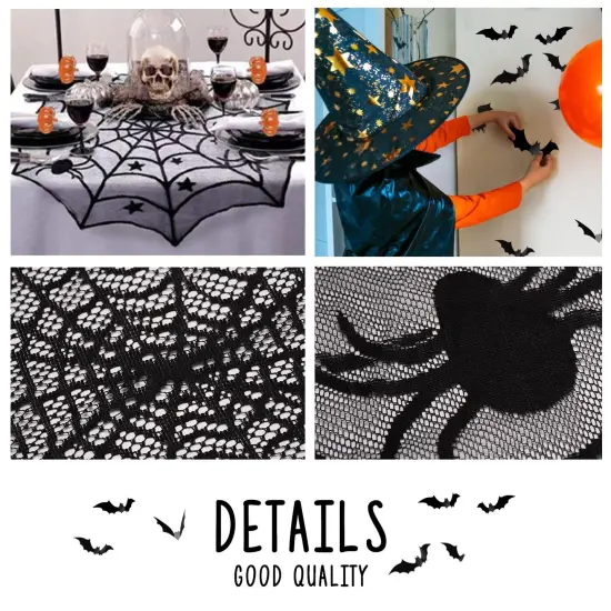 60 Pieces Halloween Decorations Indoor Set , - Halloween Fireplace Mantel Scarf & Round Table Cover & Lace Table Runner &Halloween Banner & Scary 3D Bat for Halloween Party Decorations Black {4}