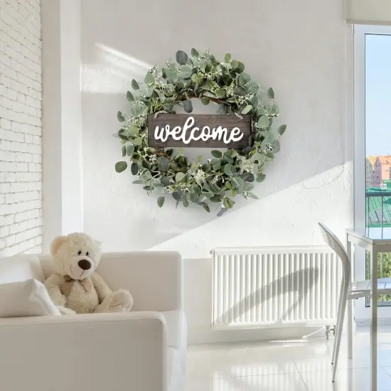 20-inch Green Eucalyptus Wreath with "Welcome" Sign &ndash; Front Door Decor {4}