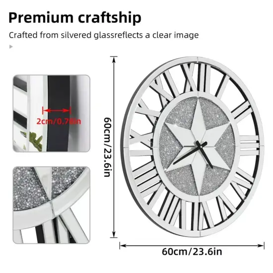 23.6'' Round Mirrored Wall Clock Crushed Diamond Silver Large Real Mirror Clocks {3}