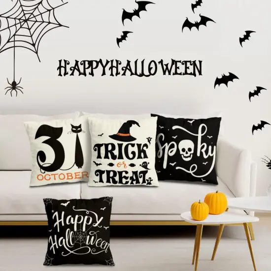 4 Pieces Halloween Decorations Pillow Covers 18x18 inc for Halloween Decor Indoor Outdoor, Party Supplies Farmhouse Home Decor Throw Pillows Cover Spider Web Cat Skull Decorative Cushion Case {1}