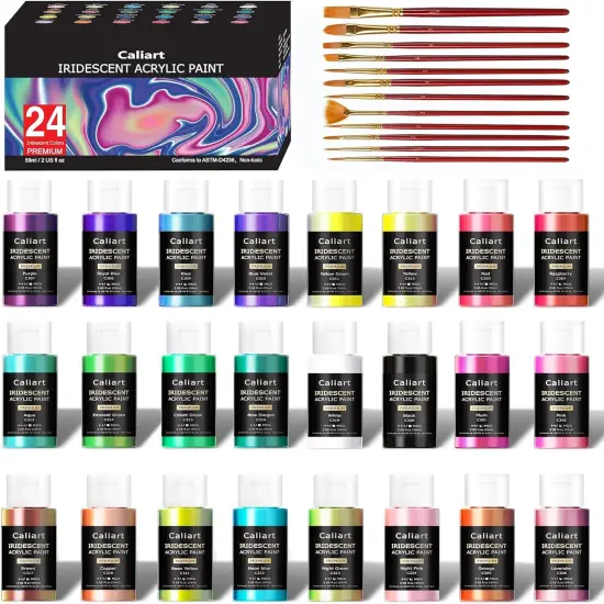 Iridescent Acrylic Paint Set with 12 Brushes, 24 Colors (59ml, 2oz), for Artists, Kids, Beginners {1}