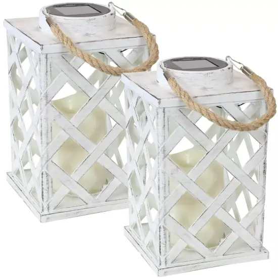 Modern Crosshatch Outdoor Solar Lantern - 9 in - White - Set of 2 {1}