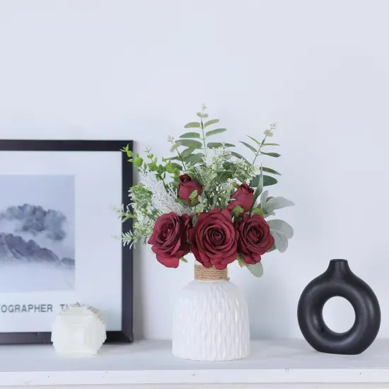 Silk Roses & Eucalyptus in Ceramic Vase Decor White {6}