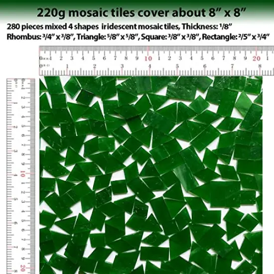 280 Pieces Iridescent Green Mosaic Tiles for Crafts,Mixed 4 Shapes Stained Glass Sheets, Stained Glass Supplies for Mosaic Projects {3}