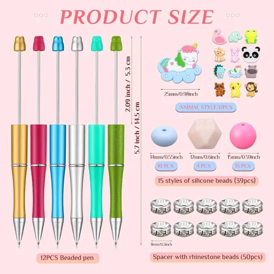 12 Pieces Beadable Pens Kit with Silicone Focal Beads, Animal Style, Black Ink, for DIY School Supplies Cute animal style {3}