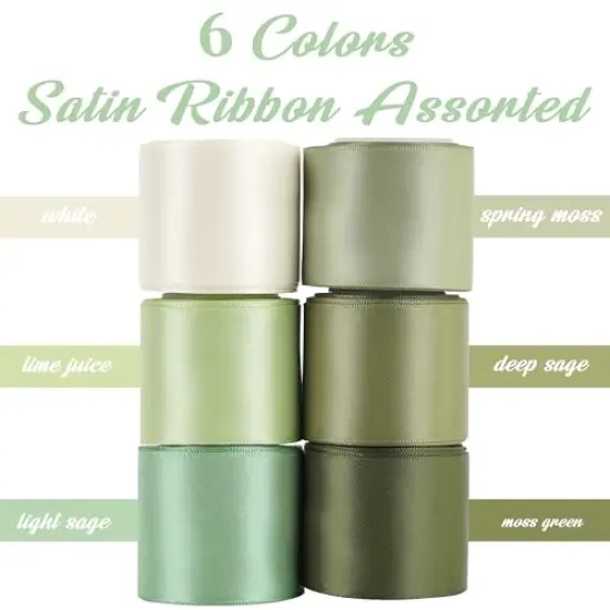 6 Rolls Sage Green Ribbon 1-1/2 inch Light Sage/Dusty Sage/Moss Green/Antique White Satin Ribbon Set for Flower Bouquet, Gift Wrapping, Hair Bows, Crafts, Eternal Flowers- {1}