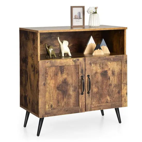 Costway Mid-century Storage Cabinet Sideboard w/ Doors Wine Glass Racks Rustic Brown {1}