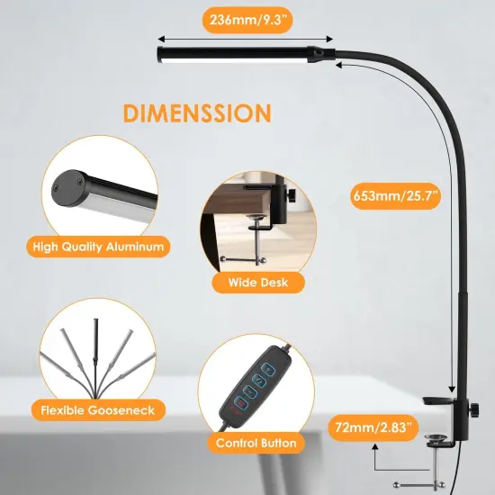 LED Desk lamp with Clamp, Eye-Caring Clip Lights for Home Office, 3 Colors Full Brightness, Flexible Gooseneck USB Adapter Table Lamp, Black {1}