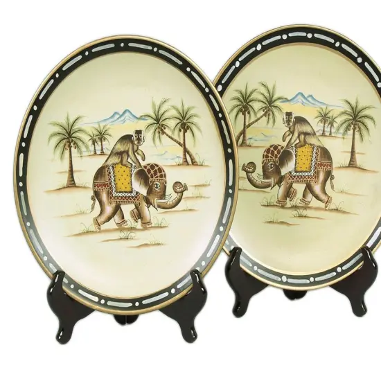 Pair of Elephant With Monkey Decorative Plates 10 Inch Diameter Multicolor {4}
