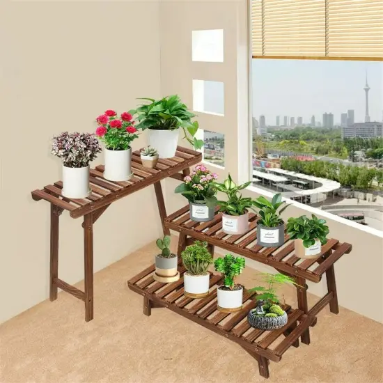 Large Wood Tier Shelf Flower Plant Display Stand Rack Freestanding Movable Bench {3}