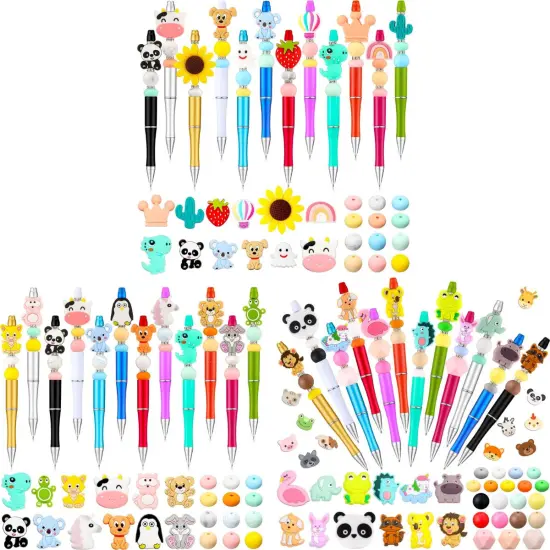 12 Pieces Beadable Pens Kit with Silicone Focal Beads, Animal Style, Black Ink, for DIY School Supplies Cute animal style {6}