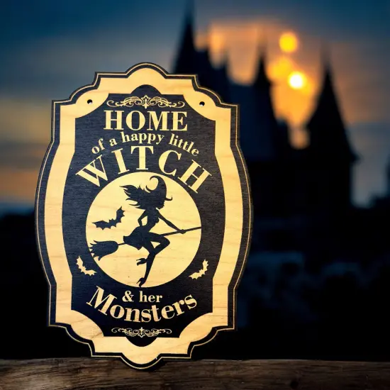 Home of a Happy Little Witch - Black Halloween Door Sign 7x9 {6}