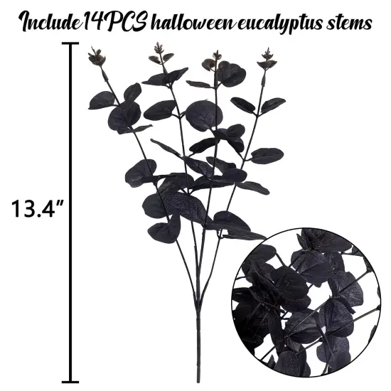 14PCS Black Halloween Decor Artificial Flowers Bulk - Eucalyptus Stems Branches Decorations for Table Indoor Centerpieces {6}