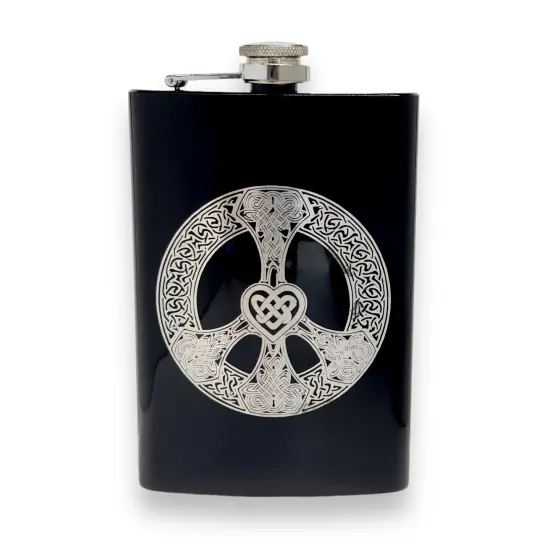8oz BLACK Celtic Love and Peace Flask {1}