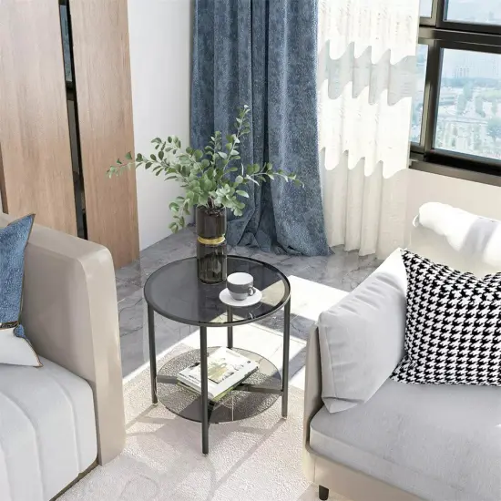 2 Tier Glass End Table Small Side Table Nightstand for Living Room Bedroom Grey {2}