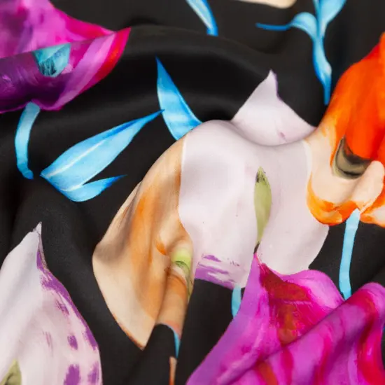 1 Yard Couture Silk Charmeuse Italian Floral Print Black, Pink & Orange Mood Exclusive 55 Inches Wide {2}